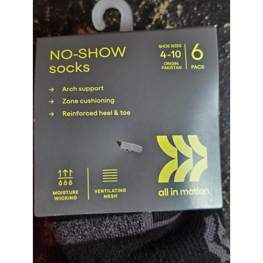 All in Motion Mens No-Show Socks 6 Pack Black Grey Shoe Size 4-10 Arch Support